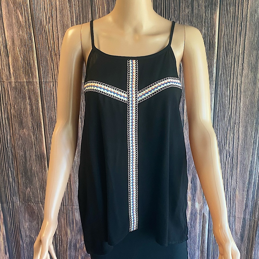 Miami Francesca’s Collections black with multi color print tank top size